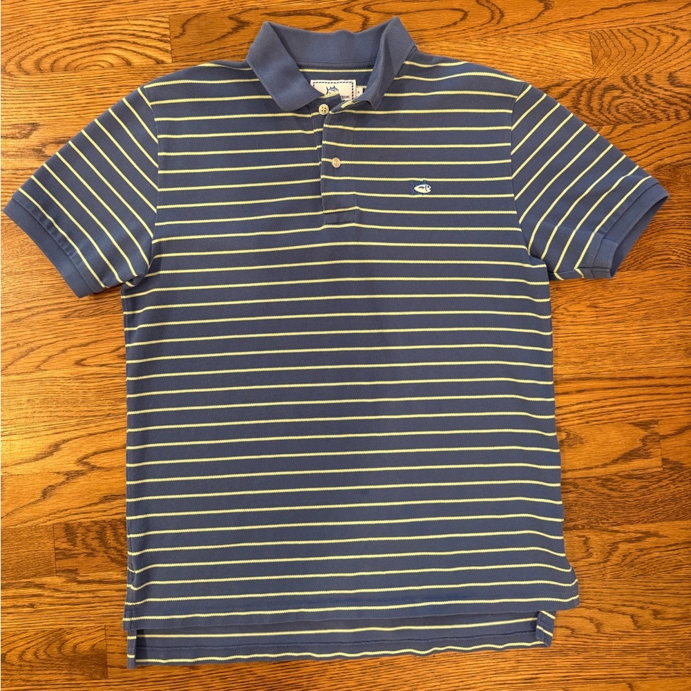 Southern Tide Navy and Yellow Striped Polo Shirt
